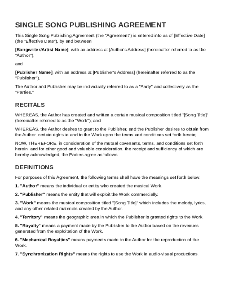 Single Song Publishing Agreement Template Preview on Page 1