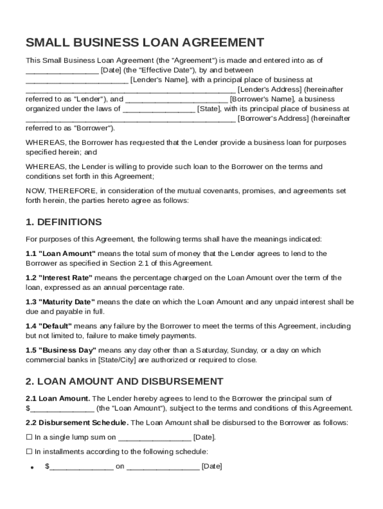 Small Business Loan Agreement Template Preview on Page 1