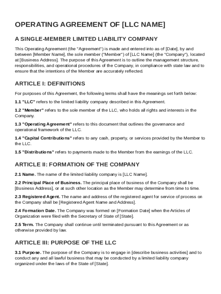 Sole Member LLC Operating Agreement Template Preview on Page 1
