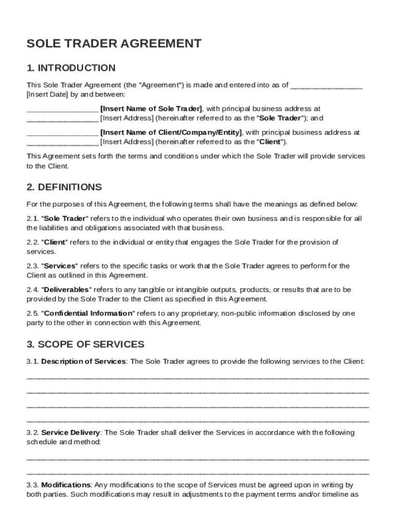 Sole Trader Agreement Template Preview on Page 1