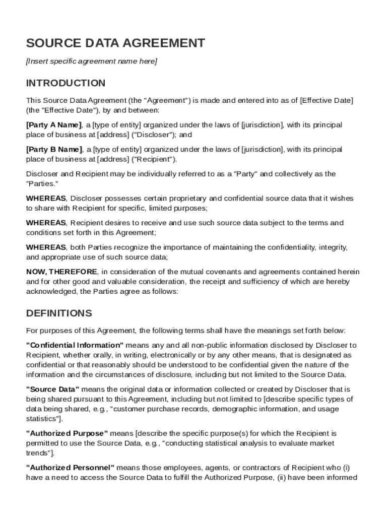 Source Data Agreement Template Preview on Page 1