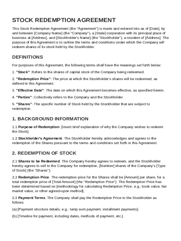 Stock Redemption Agreement Template Preview on Page 1
