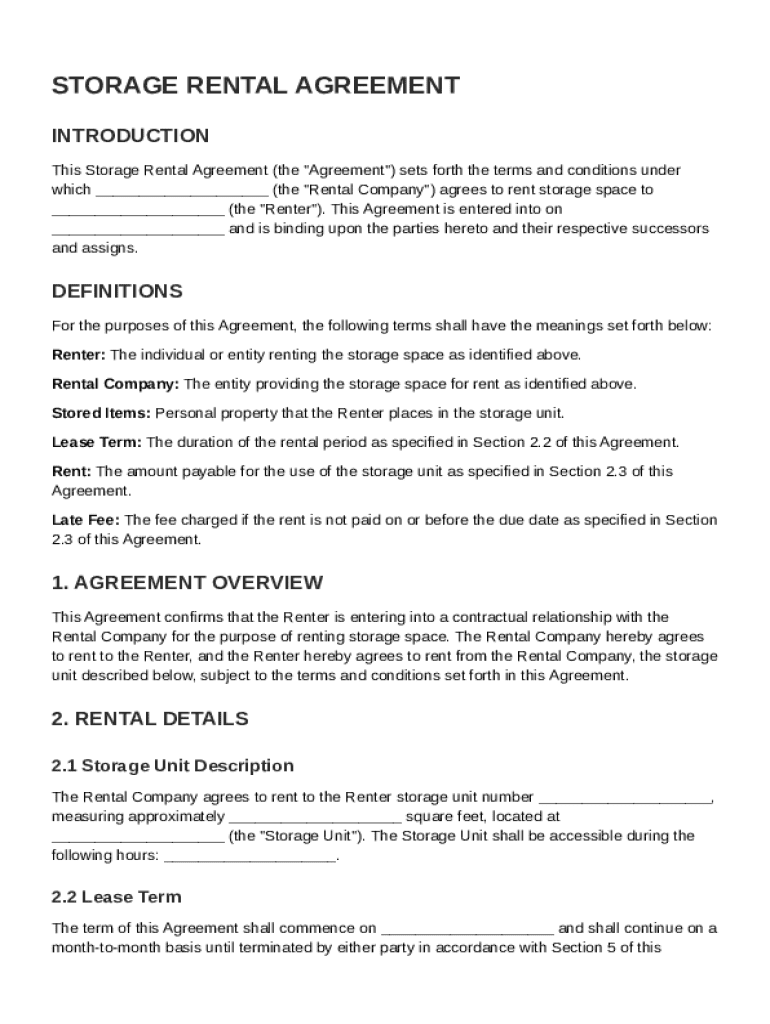 Storage Rental Agreement Template Preview on Page 1