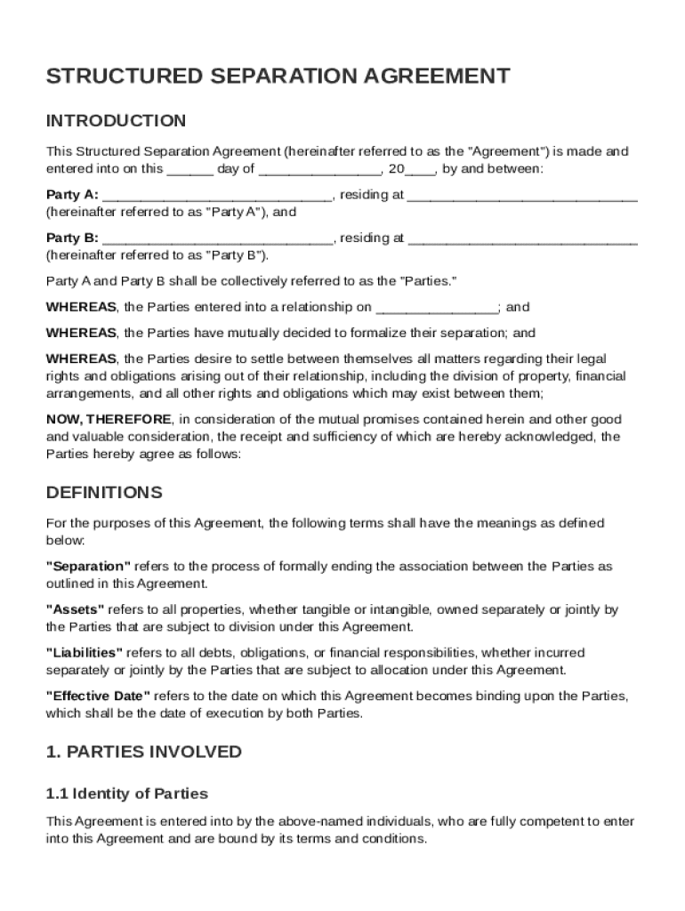 Structured Separation Agreement Template Preview on Page 1