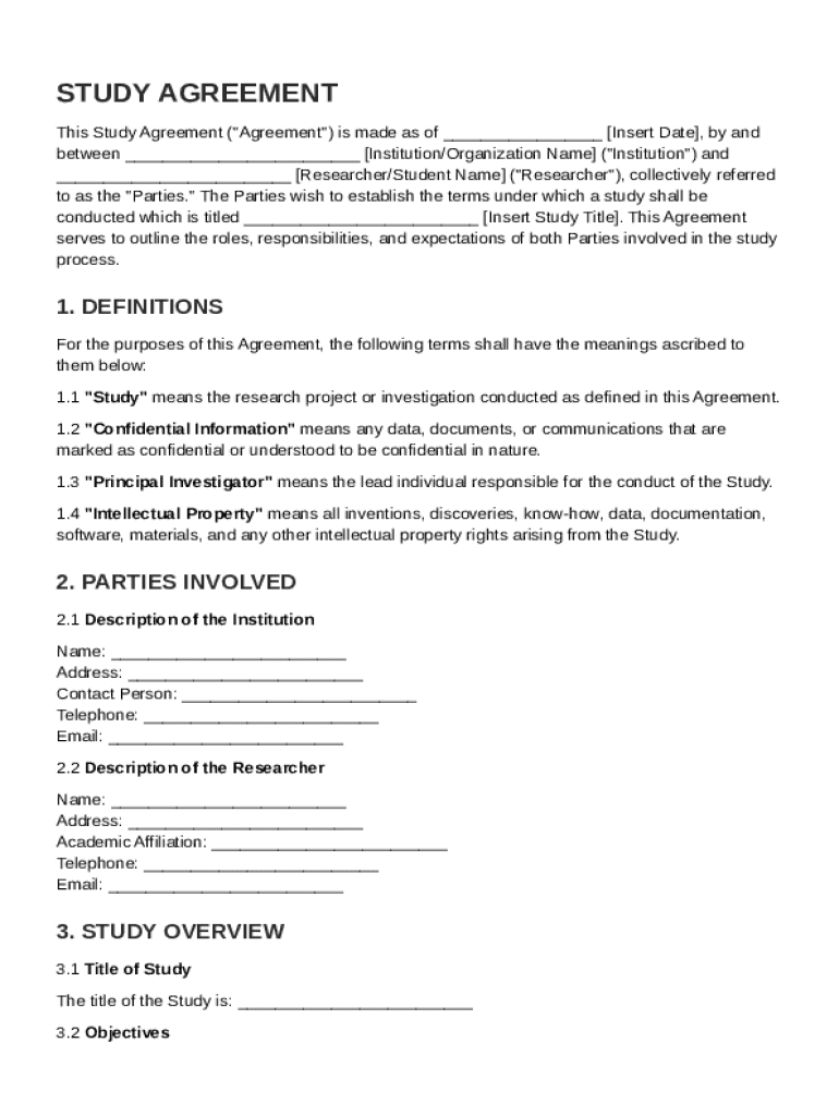 Study Agreement Template Preview on Page 1