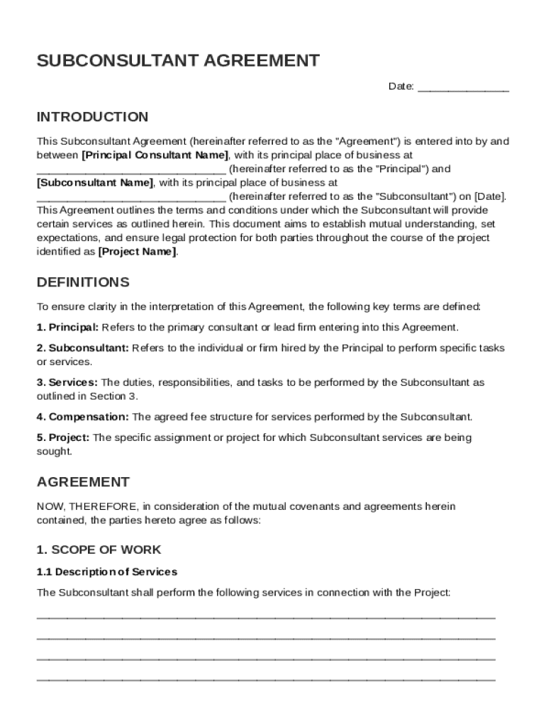 Subconsultant Agreement Template Preview on Page 1