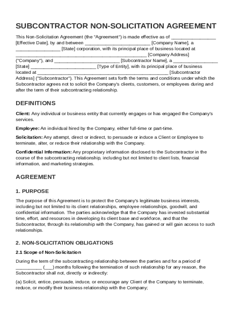 Subcontractor Non Solicitation Agreement Template Preview on Page 1