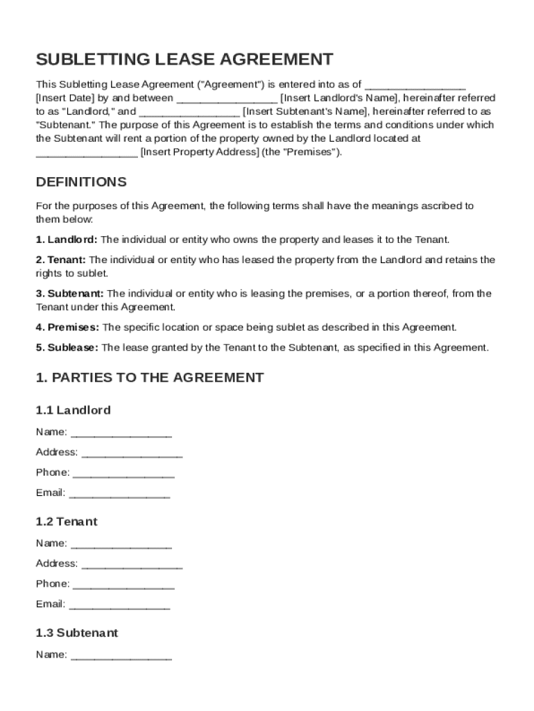 Subletting Lease Agreement Template Preview on Page 1