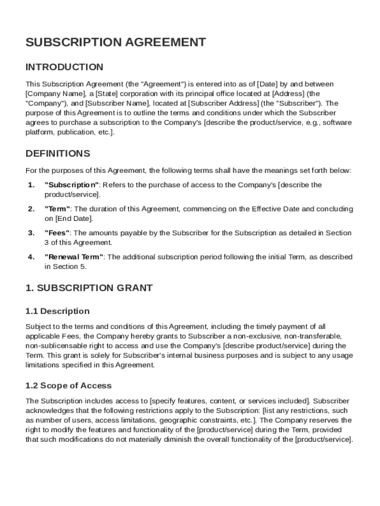 Subscription Agreement Template Preview on Page 1