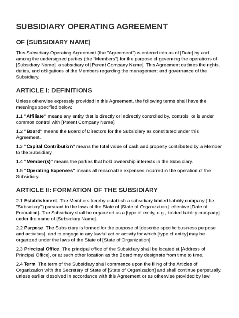 Subsidiary Operating Agreement Template Preview on Page 1