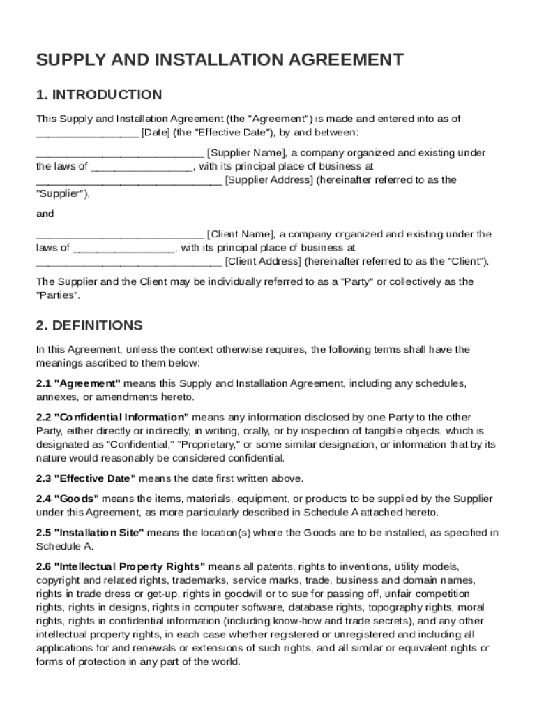 Supply and Installation Agreement Template Preview on Page 1