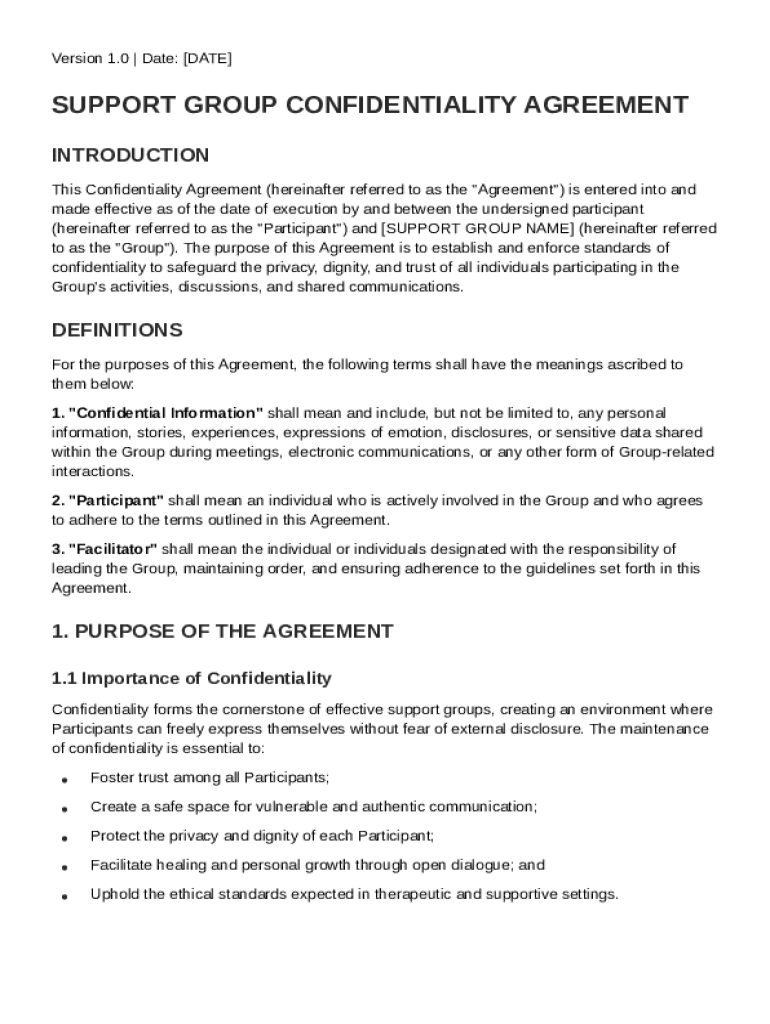 Support Group Confidentiality Agreement Template Preview on Page 1