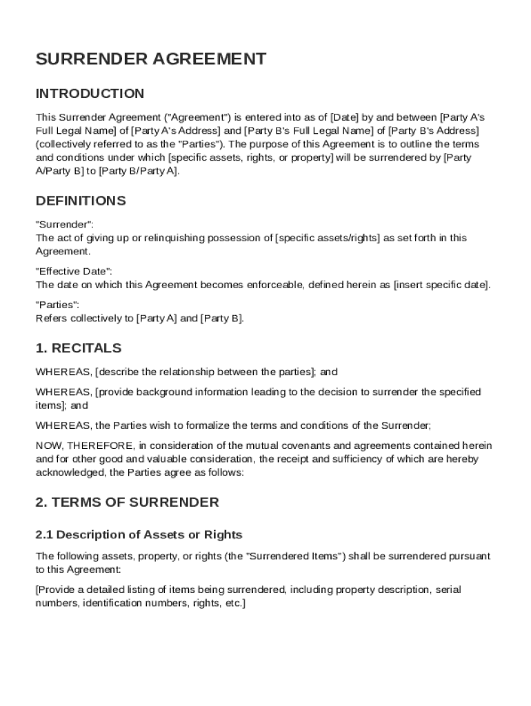 Surrender Agreement Template Preview on Page 1