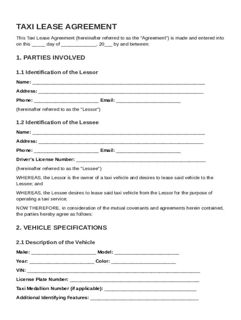 Taxi Lease Agreement Template Preview on Page 1