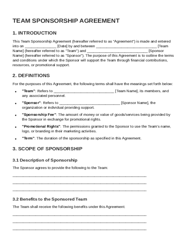 Team Sponsorship Agreement Template Preview on Page 1