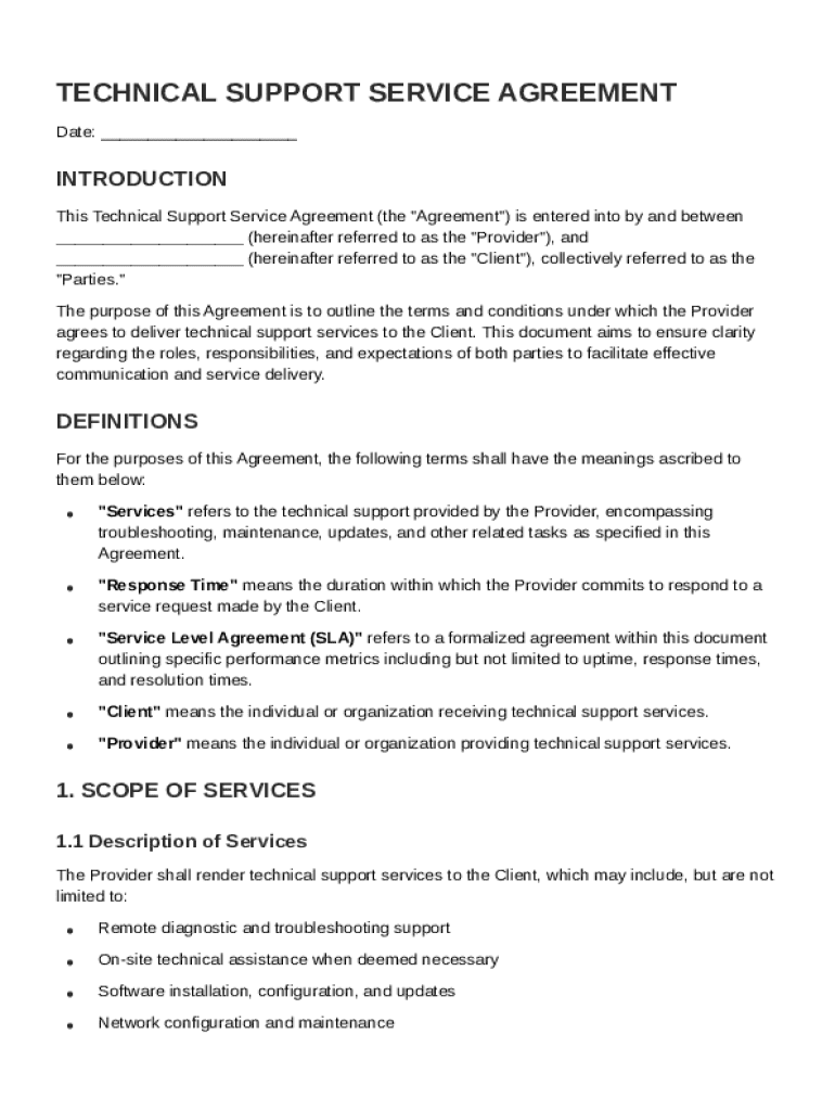 Technical Support Service Agreement Template Preview on Page 1