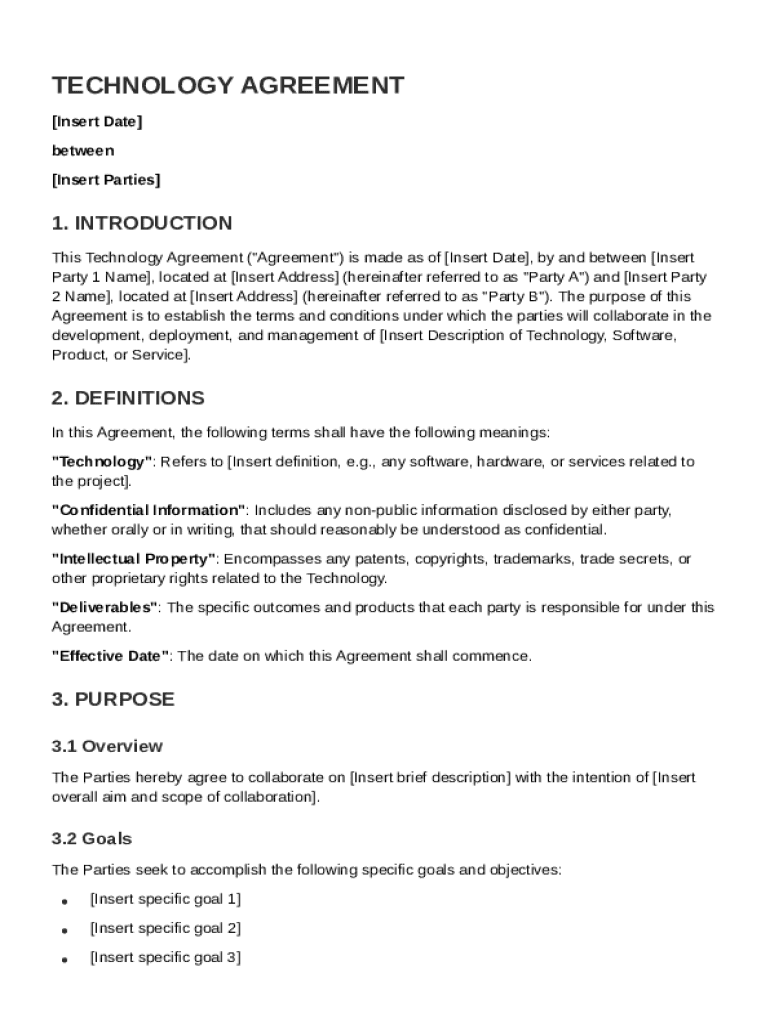Technology Agreement Template Preview on Page 1