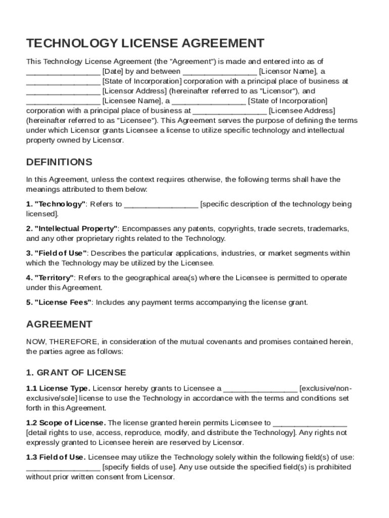 Technology License Agreement Template Preview on Page 1