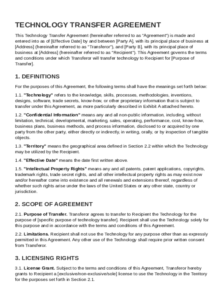 Technology Transfer Agreement Template Preview on Page 1
