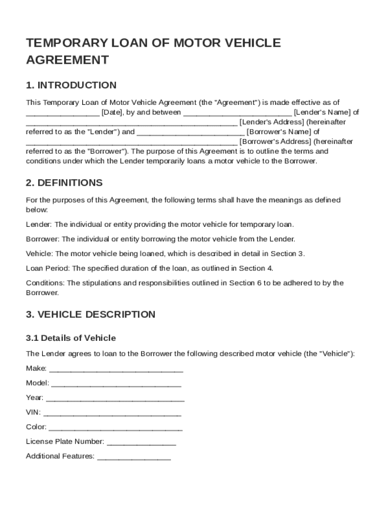 Temporary Loan of Motor Vehicle Agreement Template Preview on Page 1