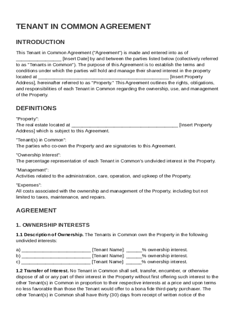 Tenant in Common Agreement Template Preview on Page 1