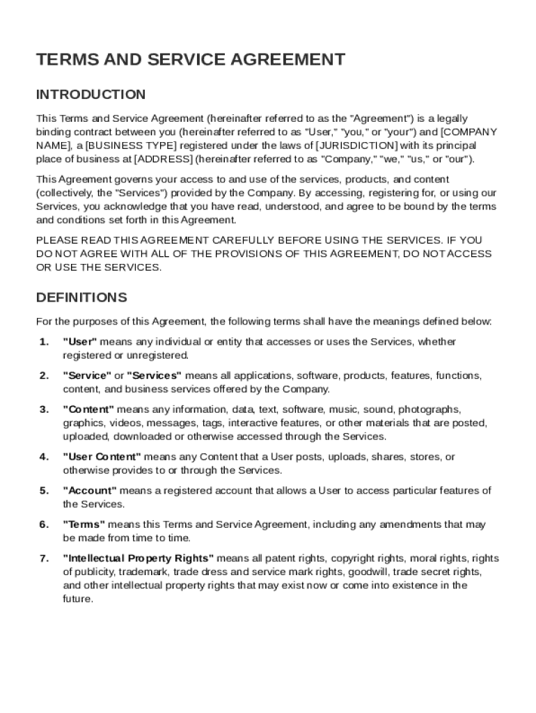 Terms and Service Agreement Template Preview on Page 1