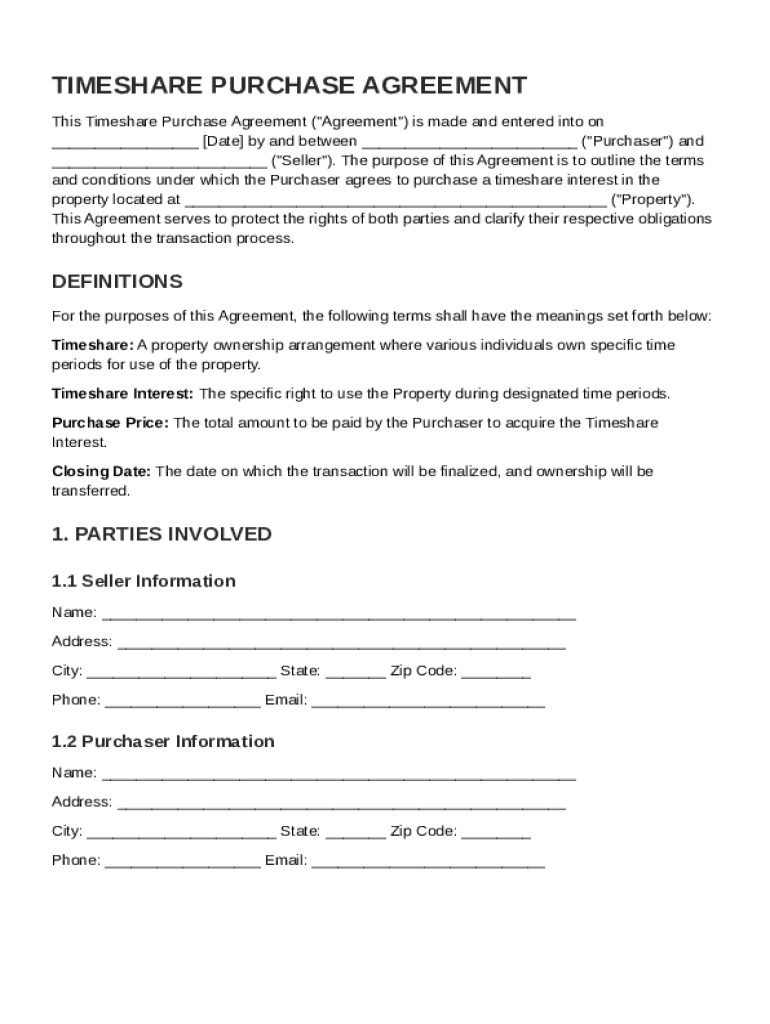 Timeshare Purchase Agreement Template Preview on Page 1