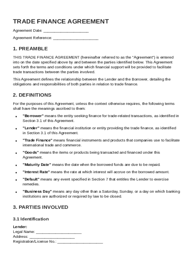 Trade Finance Agreement Template Preview on Page 1