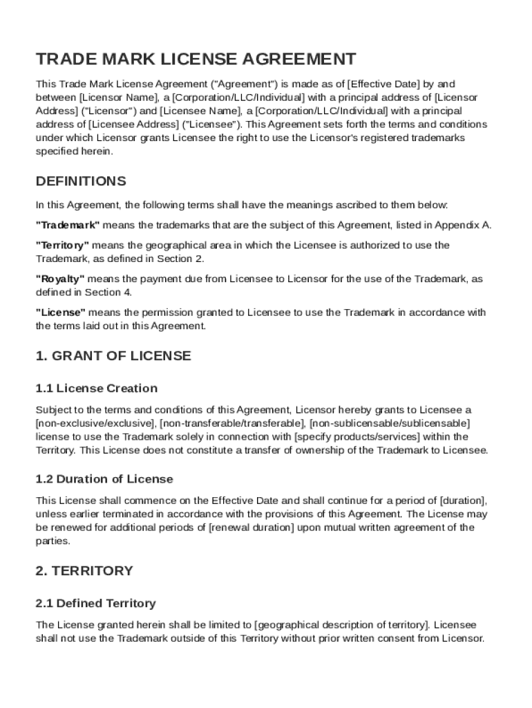 Trade Mark License Agreement Template Preview on Page 1