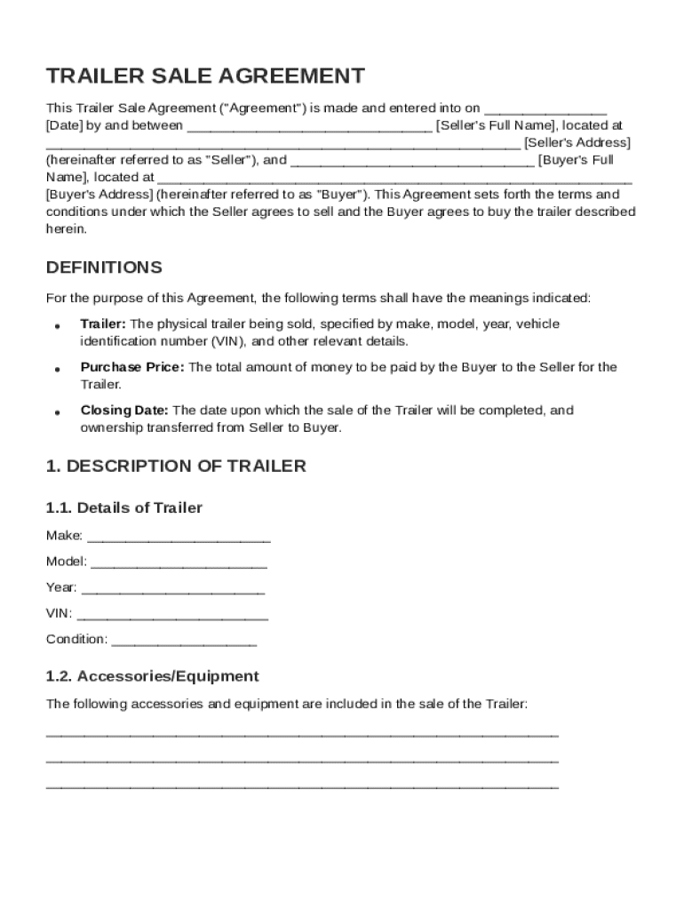 Trailer Sale Agreement Template Preview on Page 1