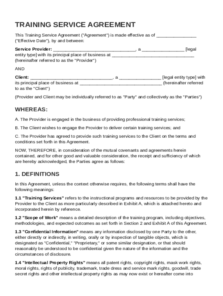 Training Service Agreement Template Preview on Page 1