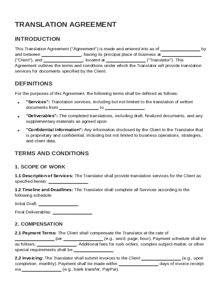 Translation Agreement Template Preview on Page 1