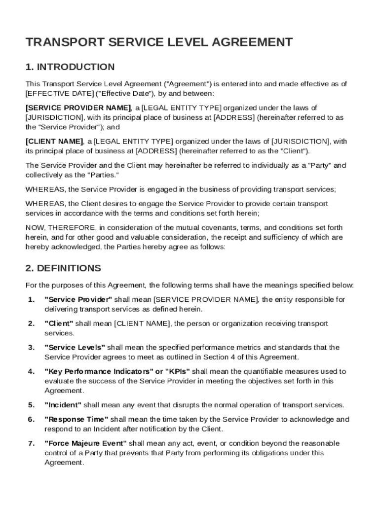 Transport Service Level Agreement Template Preview on Page 1