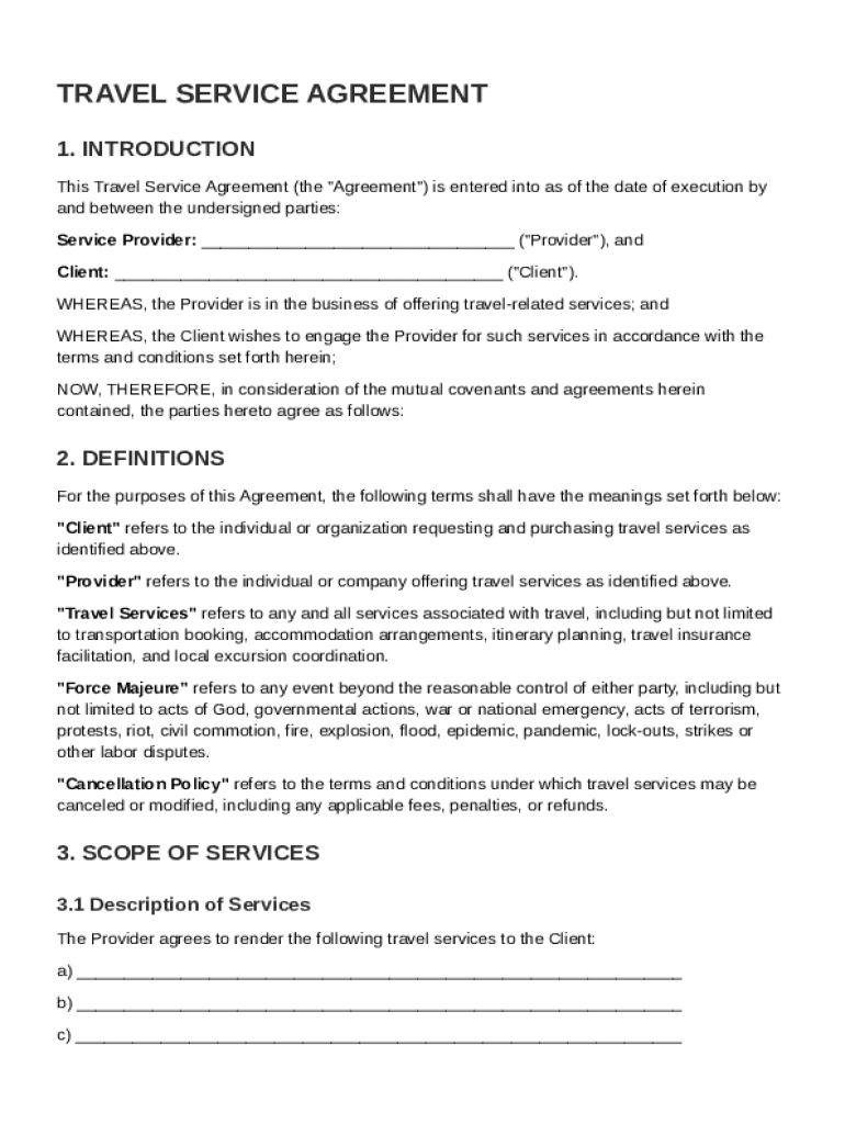 Travel Service Agreement Template Preview on Page 1