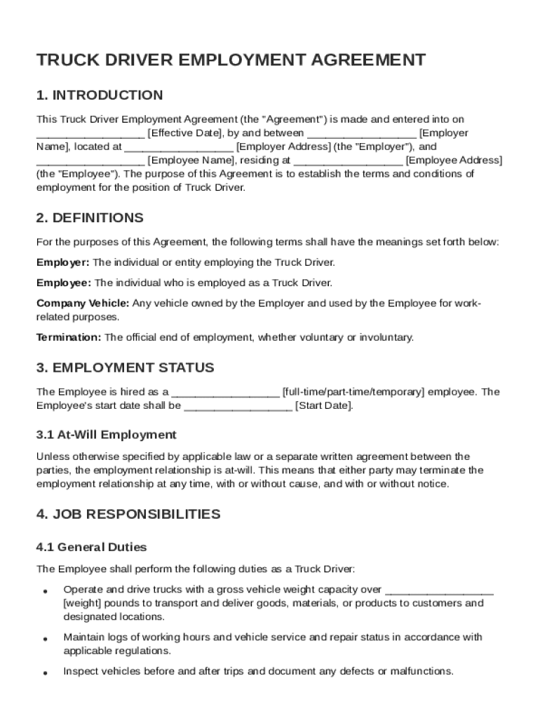 Truck Driver Employment Agreement Template Preview on Page 1