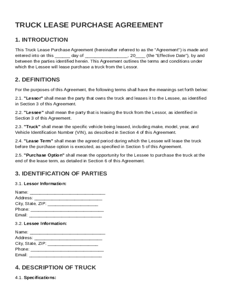 Truck Lease Purchase Agreement Template Preview on Page 1