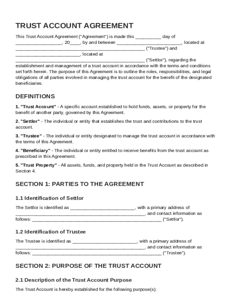 Trust Account Agreement Template Preview on Page 1