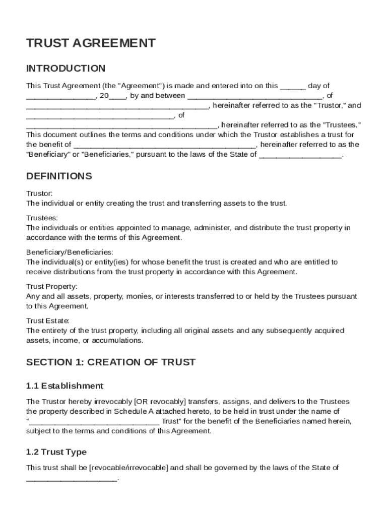 Trust Agreement Template Preview on Page 1