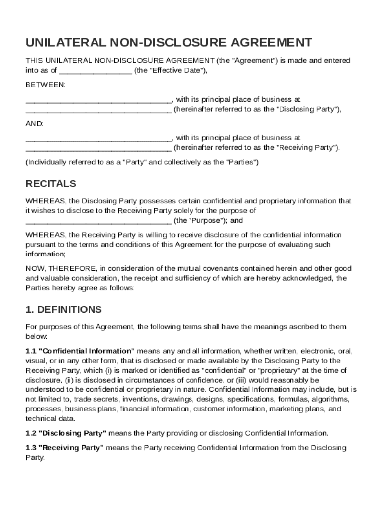 Unilateral Non Disclosure Agreement Template Preview on Page 1