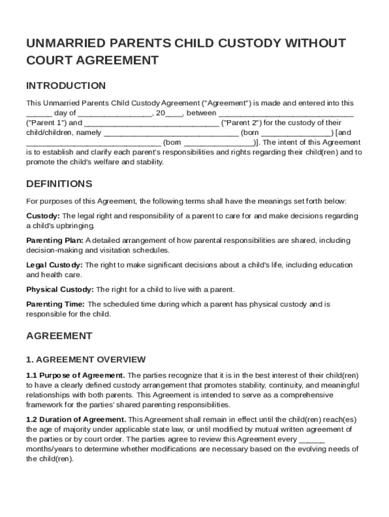 Unmarried Parents Child Custody Without Court Agreement Template Preview on Page 1