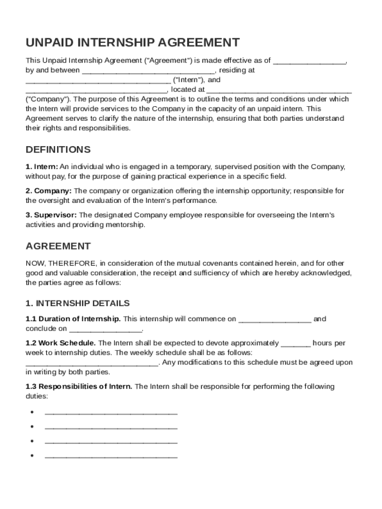 Unpaid Internship Agreement Template Preview on Page 1