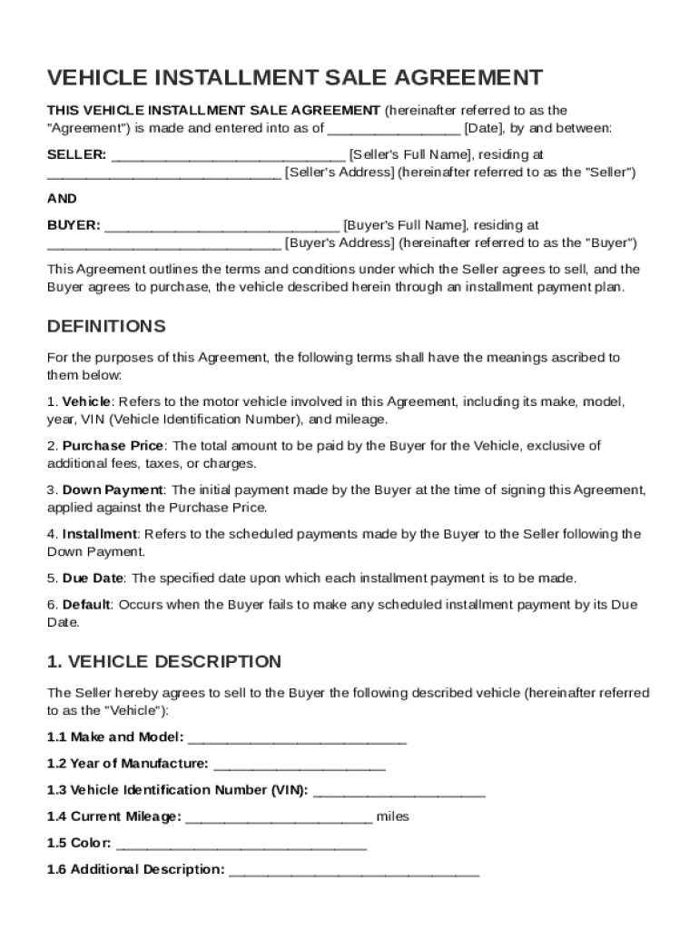 Vehicle Installment Sale Agreement Template Preview on Page 1