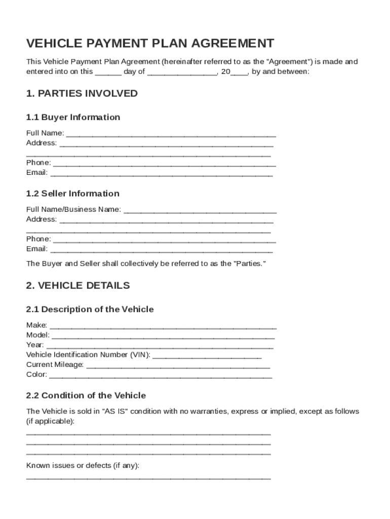 Vehicle Payment Plan Agreement Template Preview on Page 1
