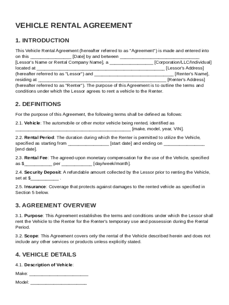 Vehicle Rental Agreement Template Preview on Page 1