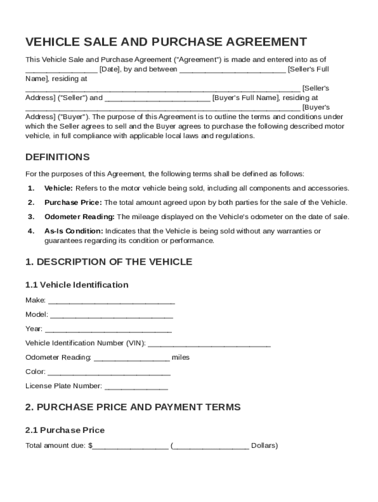 Vehicle Sale and Purchase Agreement Template Preview on Page 1
