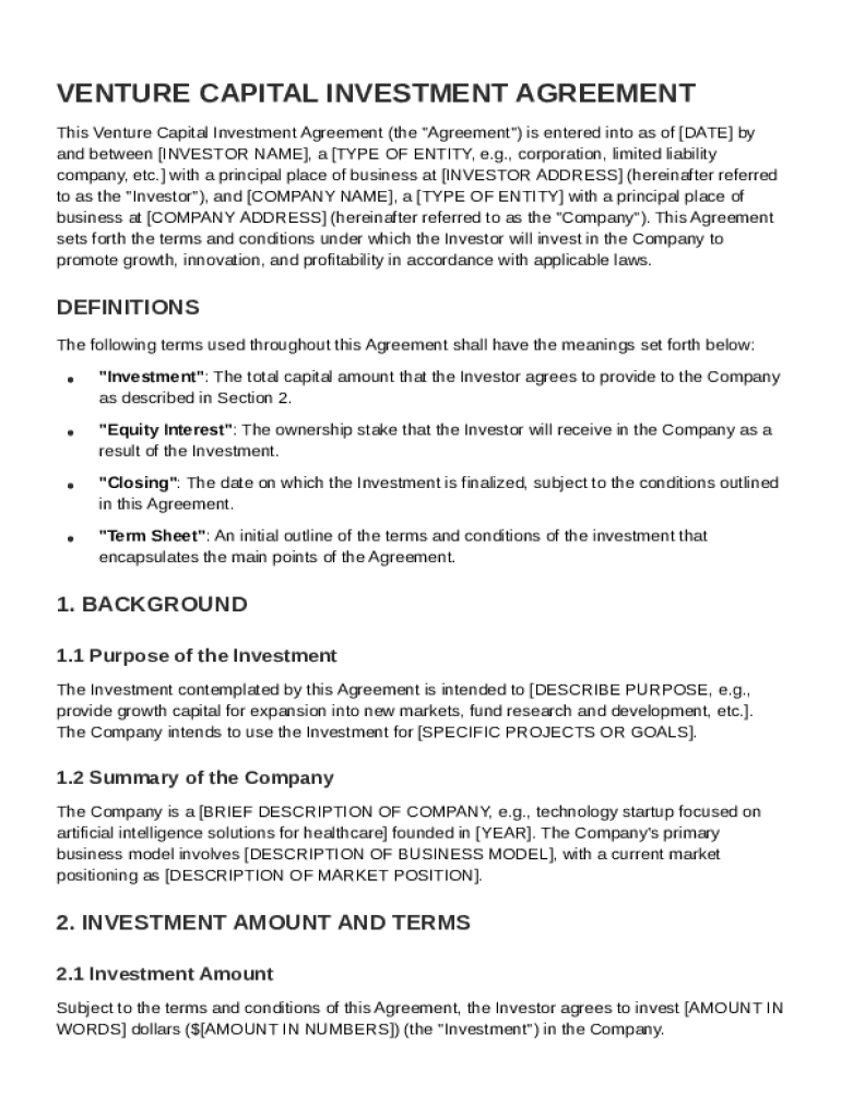 Venture Capital Investment Agreement Template Preview on Page 1