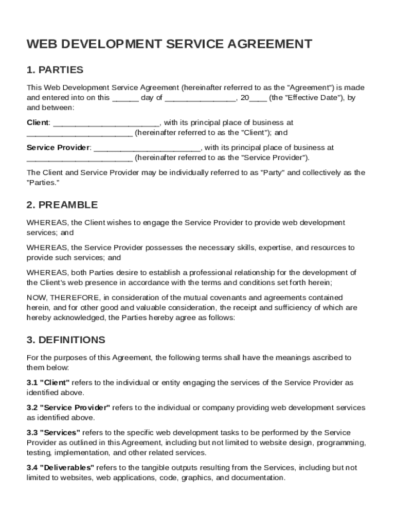 Web Development Service Agreement Template Preview on Page 1
