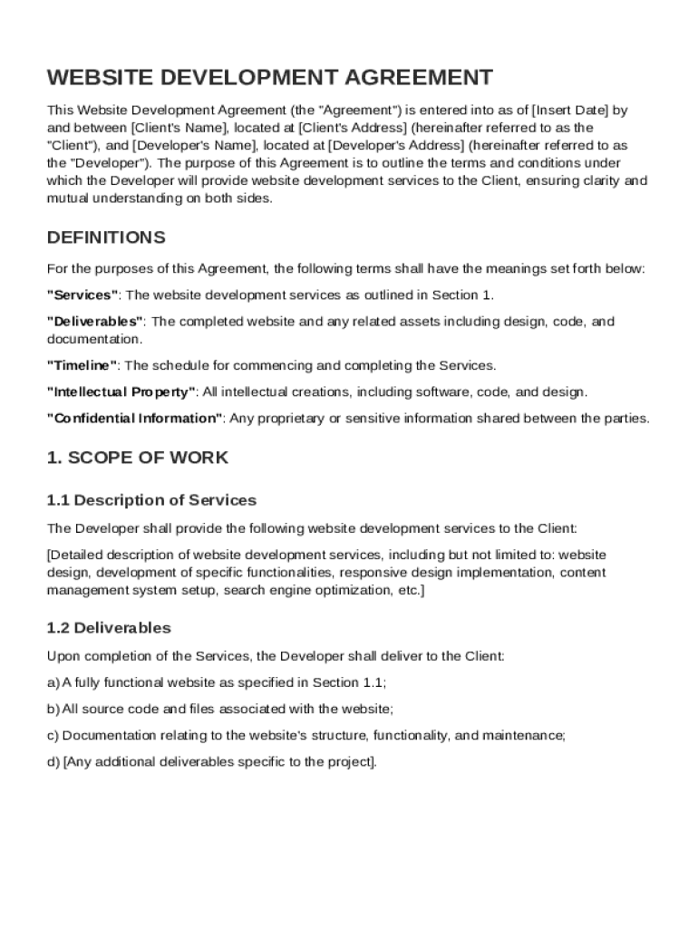 Website Development Agreement Template Preview on Page 1
