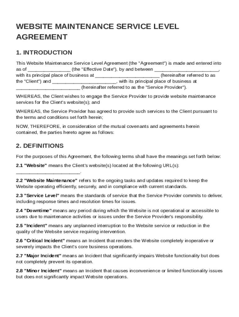 Website Maintenance Service Level Agreement Template Preview on Page 1