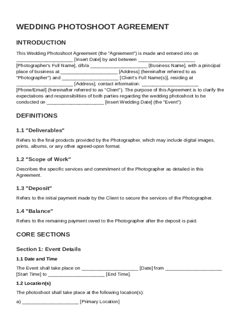 Wedding Photoshoot Agreement Template Preview on Page 1